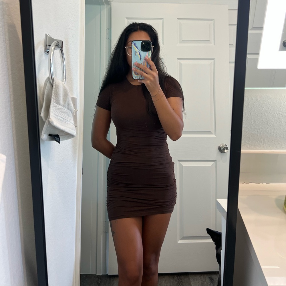 Babaton Brown Ribbed Mini Dress Crew Neck Short Sleeve